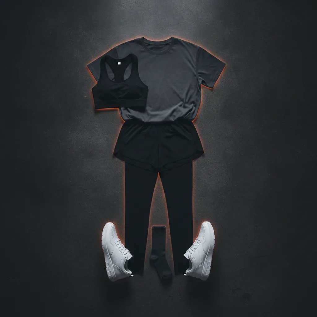 Komplett gymoutfit upplagd på golvet - tights, t-shirt, sport-bh, shorts och skor