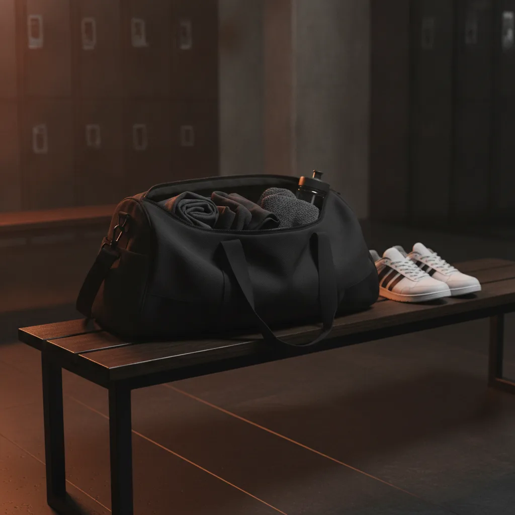Packad gymväska med träningskläder på bänk i omklädningsrum